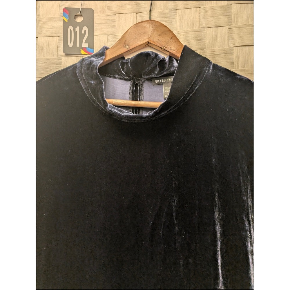 Eileen Fisher Navy Blue Silk Blend Velvet Mock Neck Back Tie Shift Dress XL - Picture 4 of 15